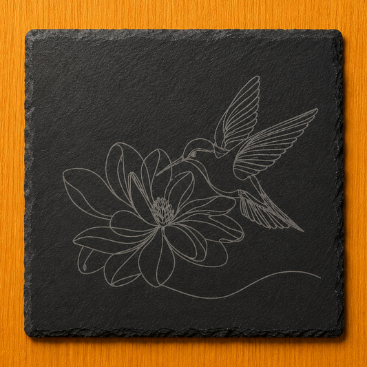 Engraved Hummingbird & Flower Slate Coaster